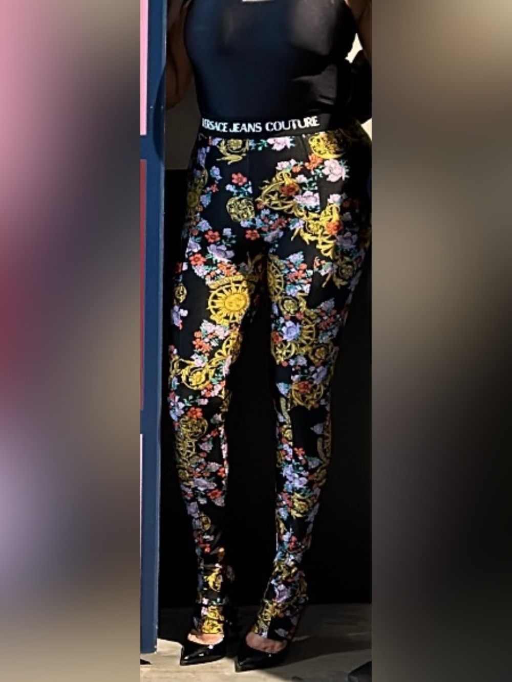 Versace Jeans Collection Black Floral & Gold Baroque Leggings